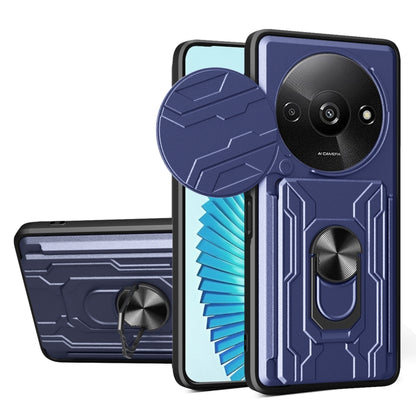 Rugged sliding card phone case in navy blue with flip card holder and camera cutouts