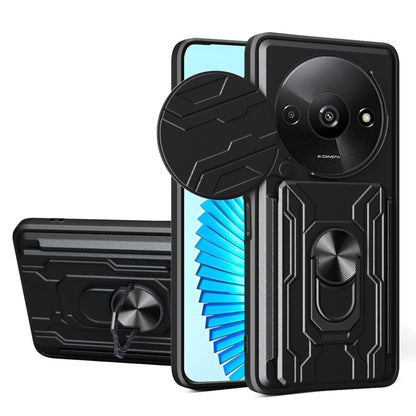 Blue rugged phone case with sliding camera shield and built-in card slot cover