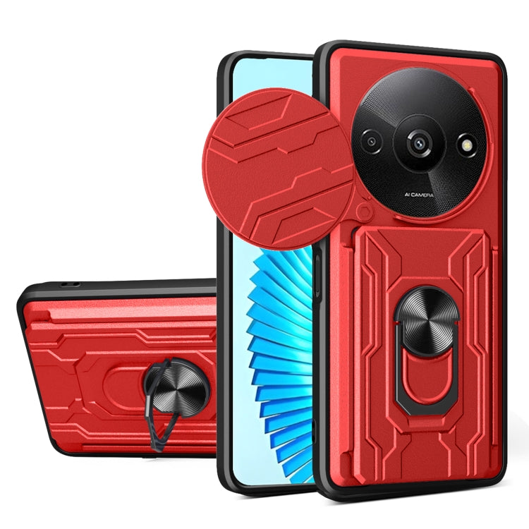 Red rugged phone case with sliding camera shield and built-in card slot cover