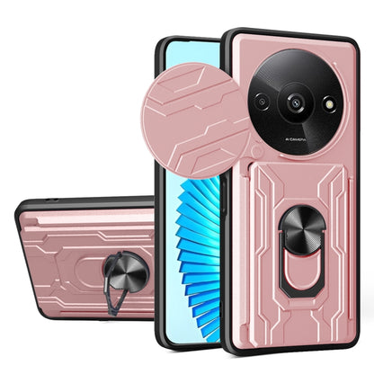 Rose gold rugged phone case with sliding camera shield and built-in card slot cover