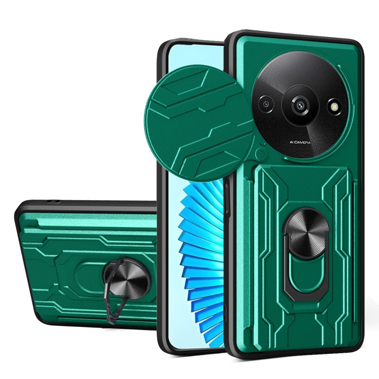 Dark green rugged phone case with sliding camera shield and built-in card slot cover