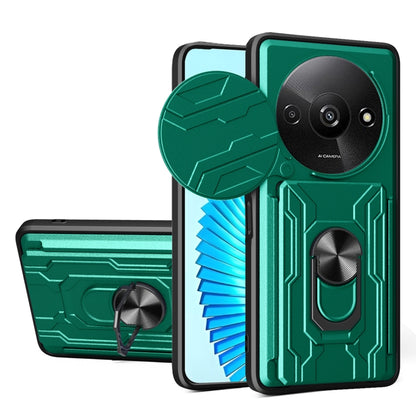 Dark green rugged phone case with sliding camera shield and built-in card slot cover