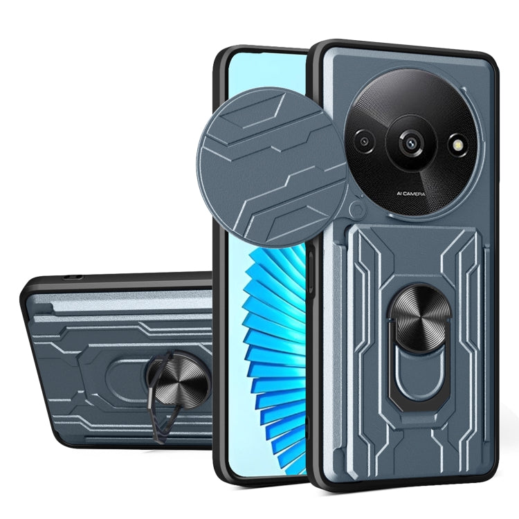 Grey rugged phone case with sliding camera shield and built-in card slot cover