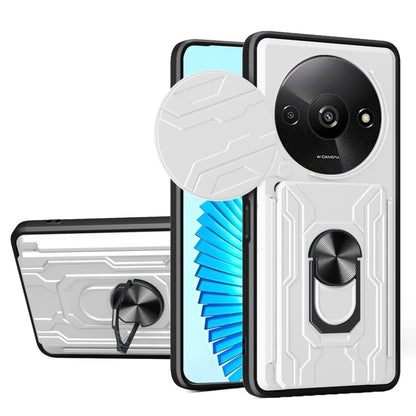 White rugged phone case with sliding camera shield and built-in card slot cover