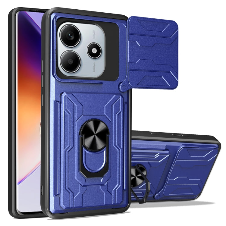 Sliding phone case with card slot, blue TPU+PC, textured design and rotating ring holder