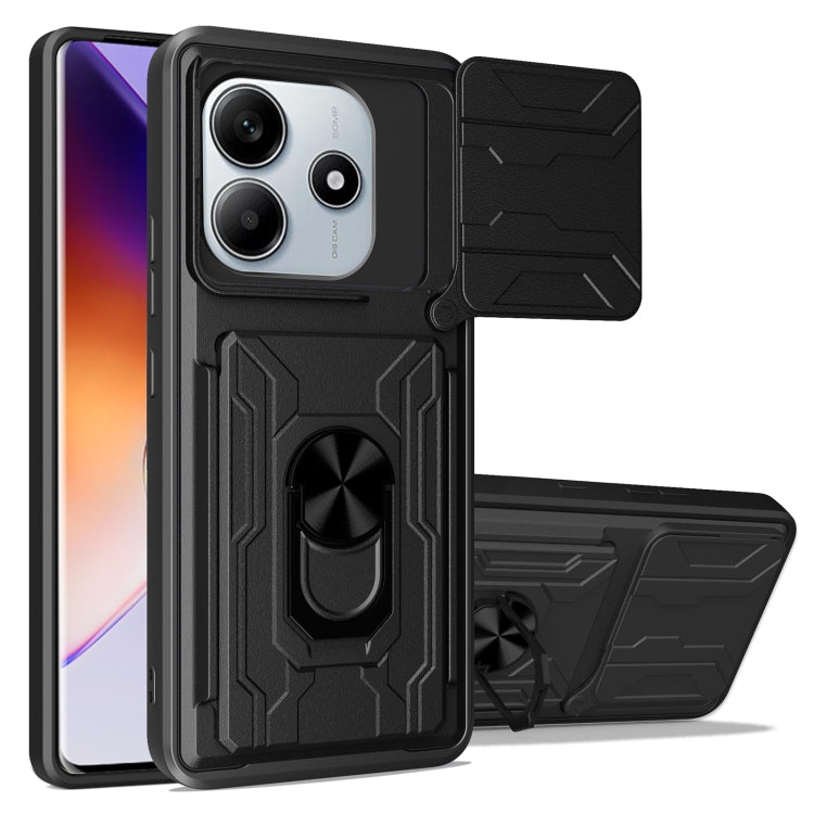 Sliding phone case with card slot, black TPU+PC, raised texture and rotating ring holder