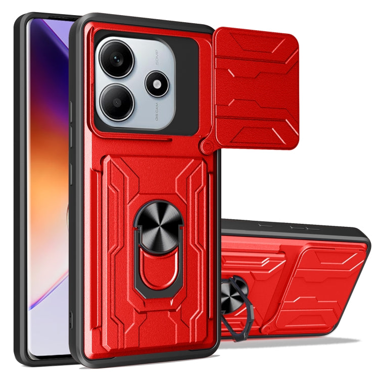 Sliding phone case with card slot, red TPU+PC, textured pattern and rotating ring holder