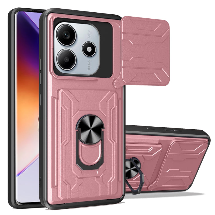 Sliding phone case with card slot, rose pink TPU+PC, textured design and rotating ring holder