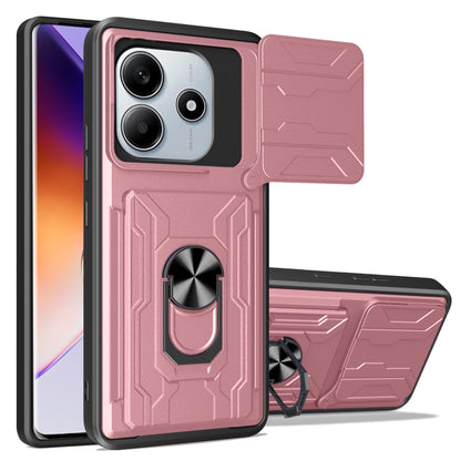 Sliding phone case with card slot, rose pink TPU+PC, textured design and rotating ring holder