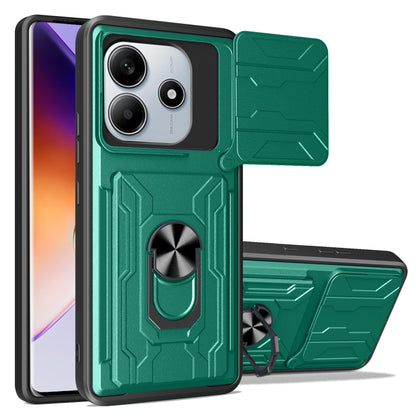Sliding phone case with card slot, dark green TPU+PC, textured grip and rotating ring holder