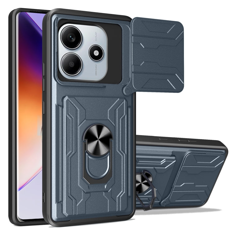 Sliding phone case with card slot, dark blue TPU+PC, textured pattern and rotating ring holder