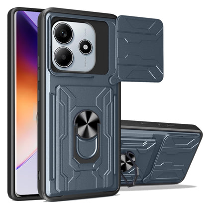 Sliding phone case with card slot, dark blue TPU+PC, textured pattern and rotating ring holder