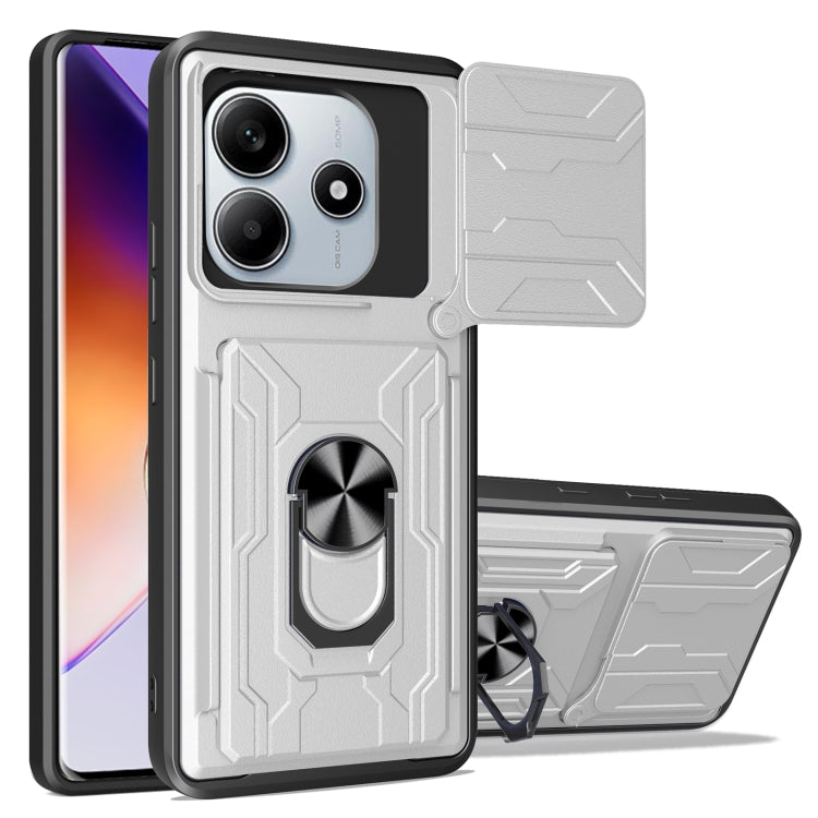 Sliding phone case with card slot, gray TPU+PC, raised card-flap and rotating ring holder