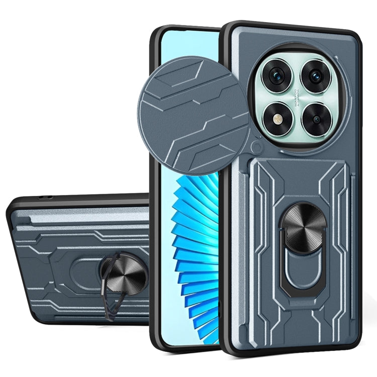 Rugged sliding card phone case with blue flap, textured back, and camera cutouts
