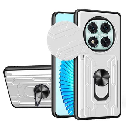 Rugged sliding card phone case with white flap, textured back, and camera cutouts