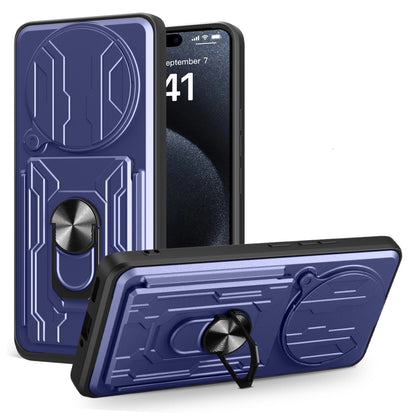 Sliding phone case with card slot, blue TPU+PC, rotating ring holder with kickstand grip