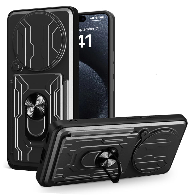 Sliding phone case with card slot, black TPU+PC, rotating ring holder with kickstand grip