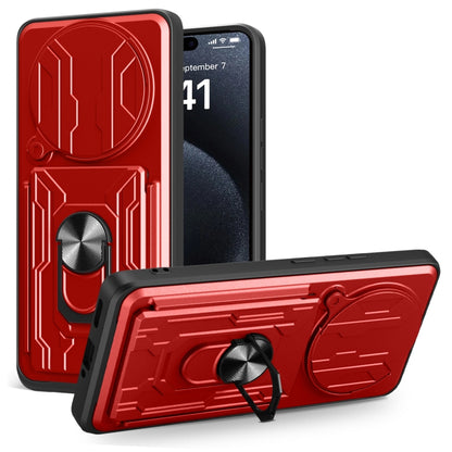 Red sliding phone case with card slot and rotating stand cover, TPU+PC