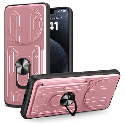 Rose pink sliding phone case with card slot and rotating stand cover, TPU+PC