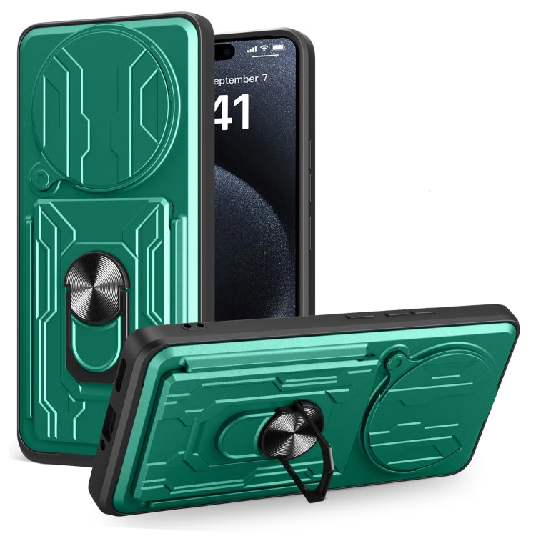 Dark green sliding phone case with card slot and rotating stand cover, TPU+PC