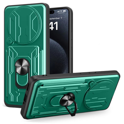 Dark green sliding phone case with card slot and rotating stand cover, TPU+PC