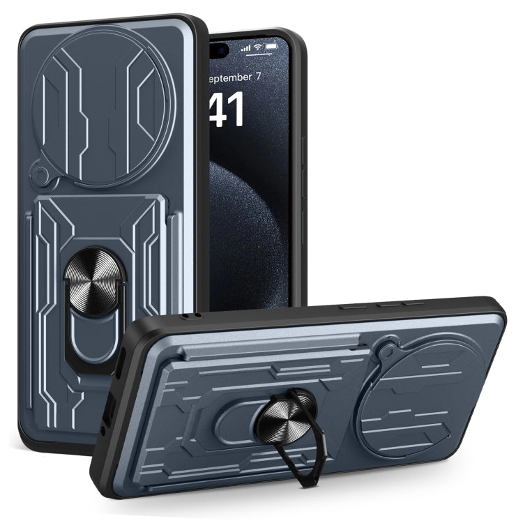 Grey sliding phone case with card slot and rotating stand cover, TPU+PC