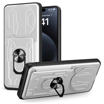 White sliding phone case with card slot and rotating stand cover, TPU+PC