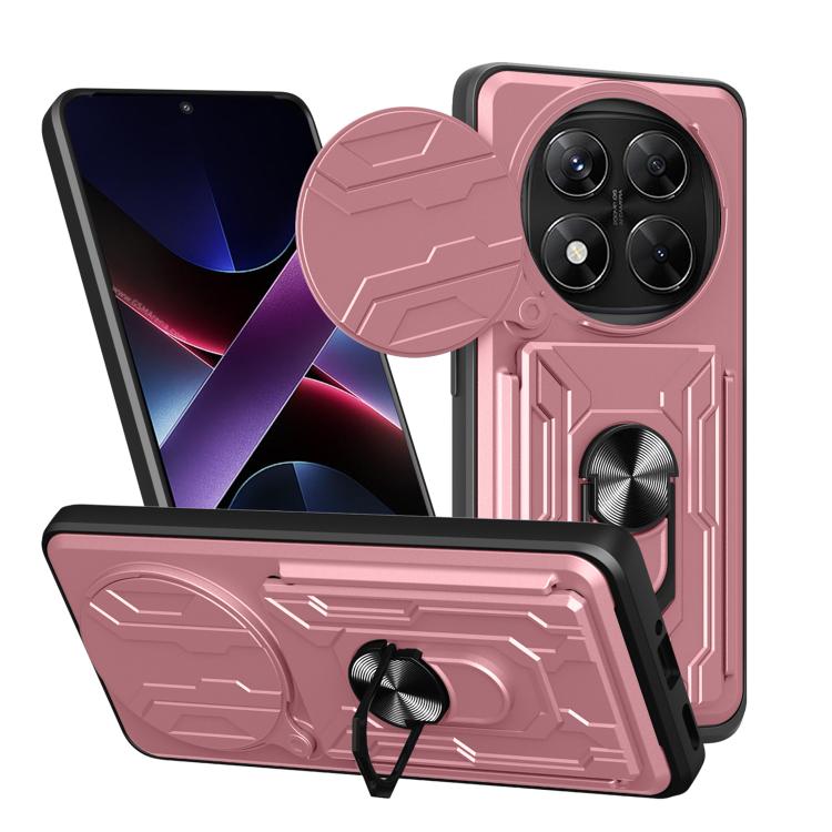 Pink sliding phone case with card slot, armored grip ring and fold-out stand