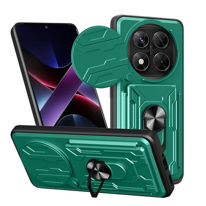 Green sliding phone case with card slot, armored grip ring and fold-out stand
