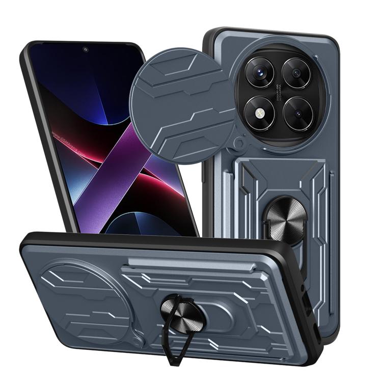 Gray sliding phone case with card slot, armored grip ring and fold-out stand