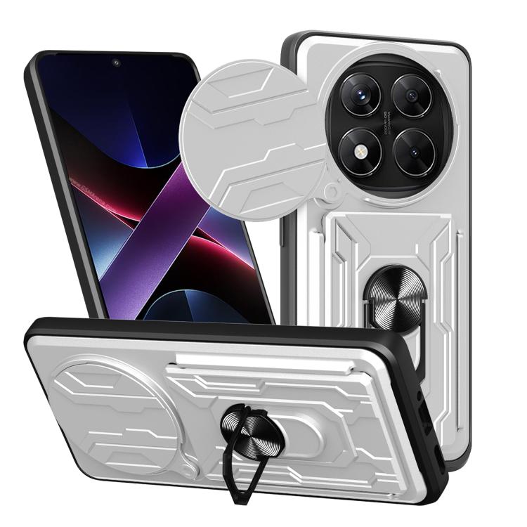 White sliding phone case with card slot, armored grip ring and fold-out stand