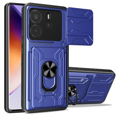 Blue sliding phone case with card slot, armored grip ring and fold-out stand
