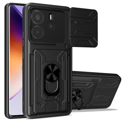 Black sliding phone case with card slot, armored grip ring and fold-out stand