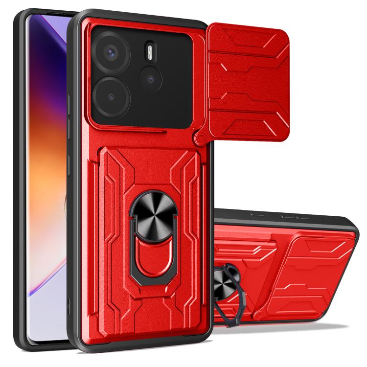 Red sliding phone case with card slot, armored grip ring and fold-out stand