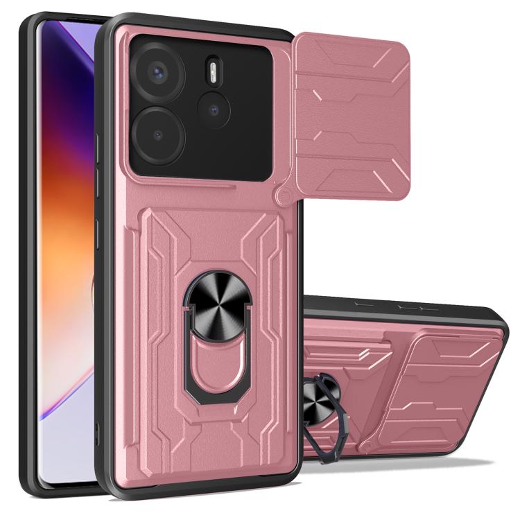 Rose sliding phone case with card slot, armored grip ring and fold-out stand