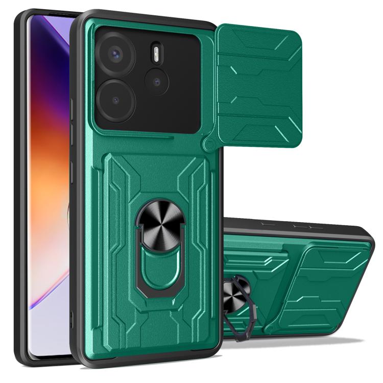 Dark green sliding phone case with card slot, armored grip ring and fold-out stand