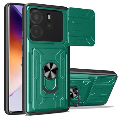Dark green sliding phone case with card slot, armored grip ring and fold-out stand