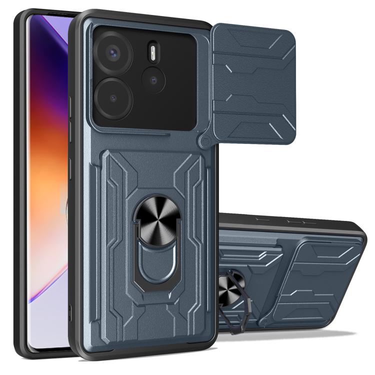 Dark blue sliding phone case with card slot, armored grip ring and fold-out stand
