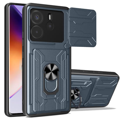 Dark blue sliding phone case with card slot, armored grip ring and fold-out stand