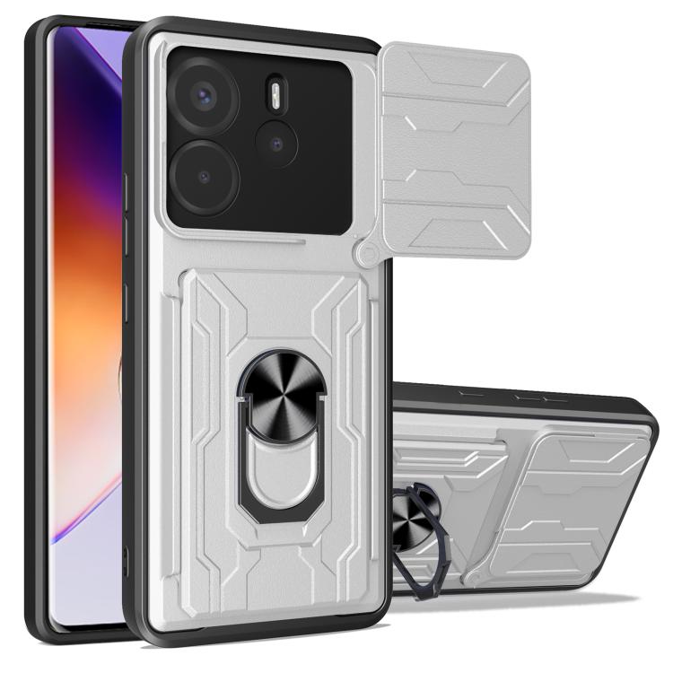 Sliding phone case with card slot, light gray TPU+PC, textured grip and rotating ring holder