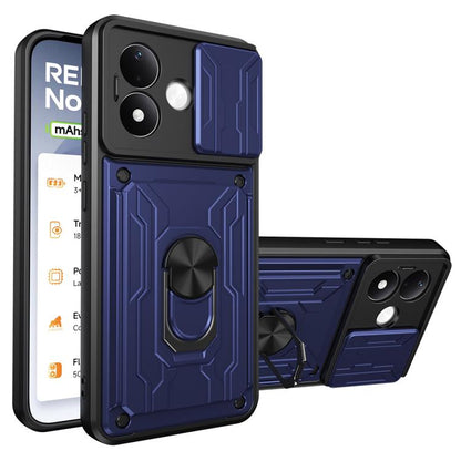Blue sliding card slot phone case with textured armor back and built-in ring kickstand