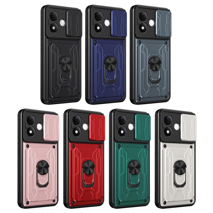Assorted colored phone cases with textured armor back, sliding card slot, and ring kickstand
