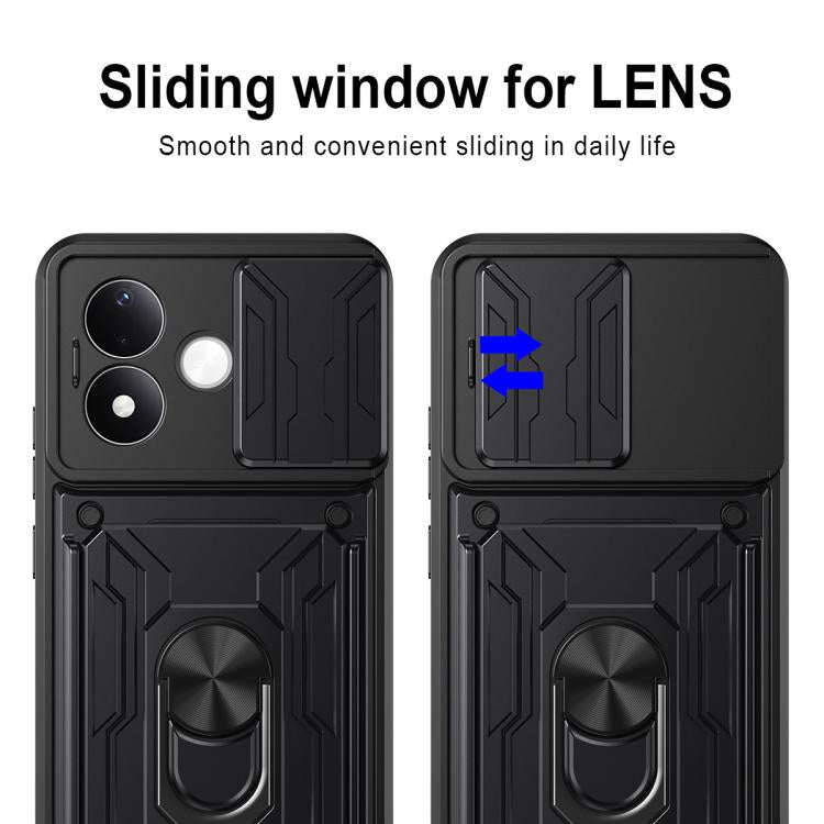 Black sliding card slot phone case with textured armor back and built-in ring kickstand