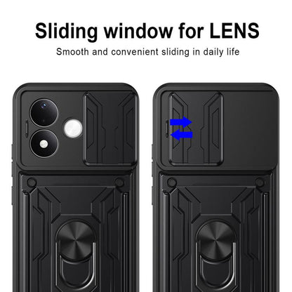 Black sliding card slot phone case with textured armor back and built-in ring kickstand