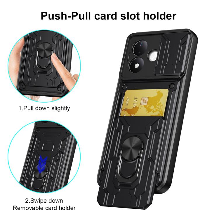 Black push-pull card slot phone case with visible card window and ring kickstand