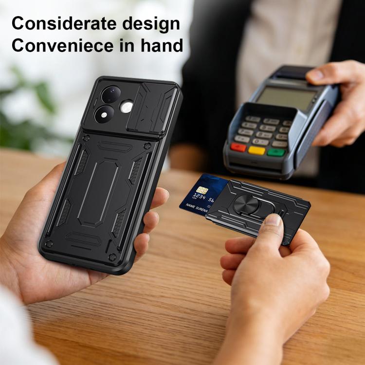 Black textured phone case with sliding card holder and built-in ring kickstand