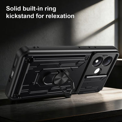 Black phone case with built-in ring kickstand, textured armor frame, and camera cutouts
