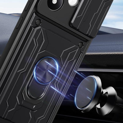 Close-up of black phone case with textured armor back and ring kickstand