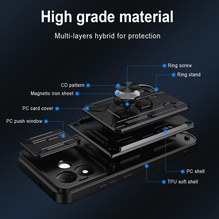 Hybrid TPU and PC phone case design with built-in ring stand and sliding card window
