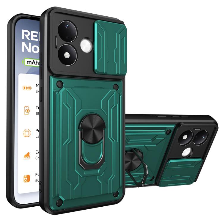 Rugged phone case with sliding card slot and stand; green and black design.